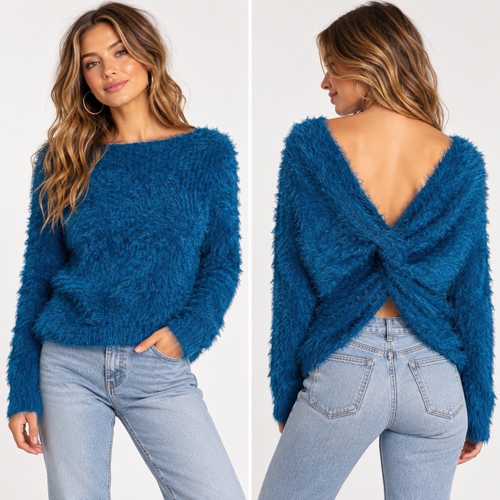 Limited Teal Fuzzy Eyelash Knit Sweater Sz M• Twist Front Open Back Whimsigoth